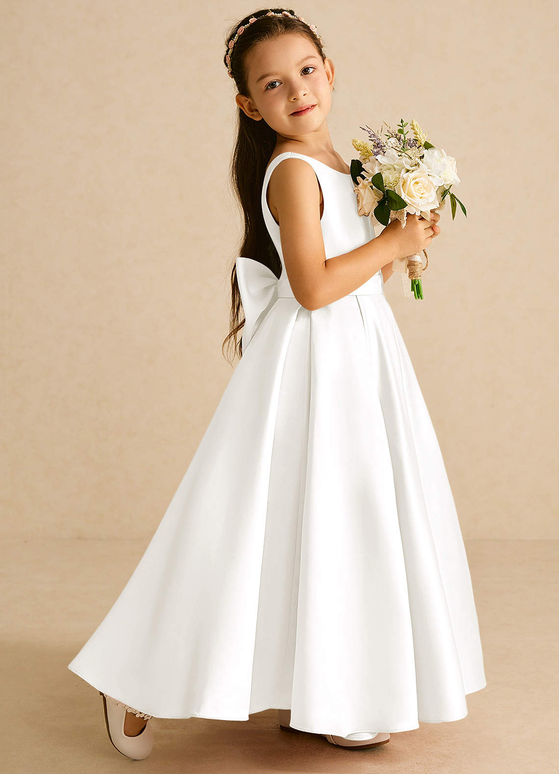 Azazie Pipsy Flower Girl Dresses Ivory A-Line Bow Matte Satin Dress image2