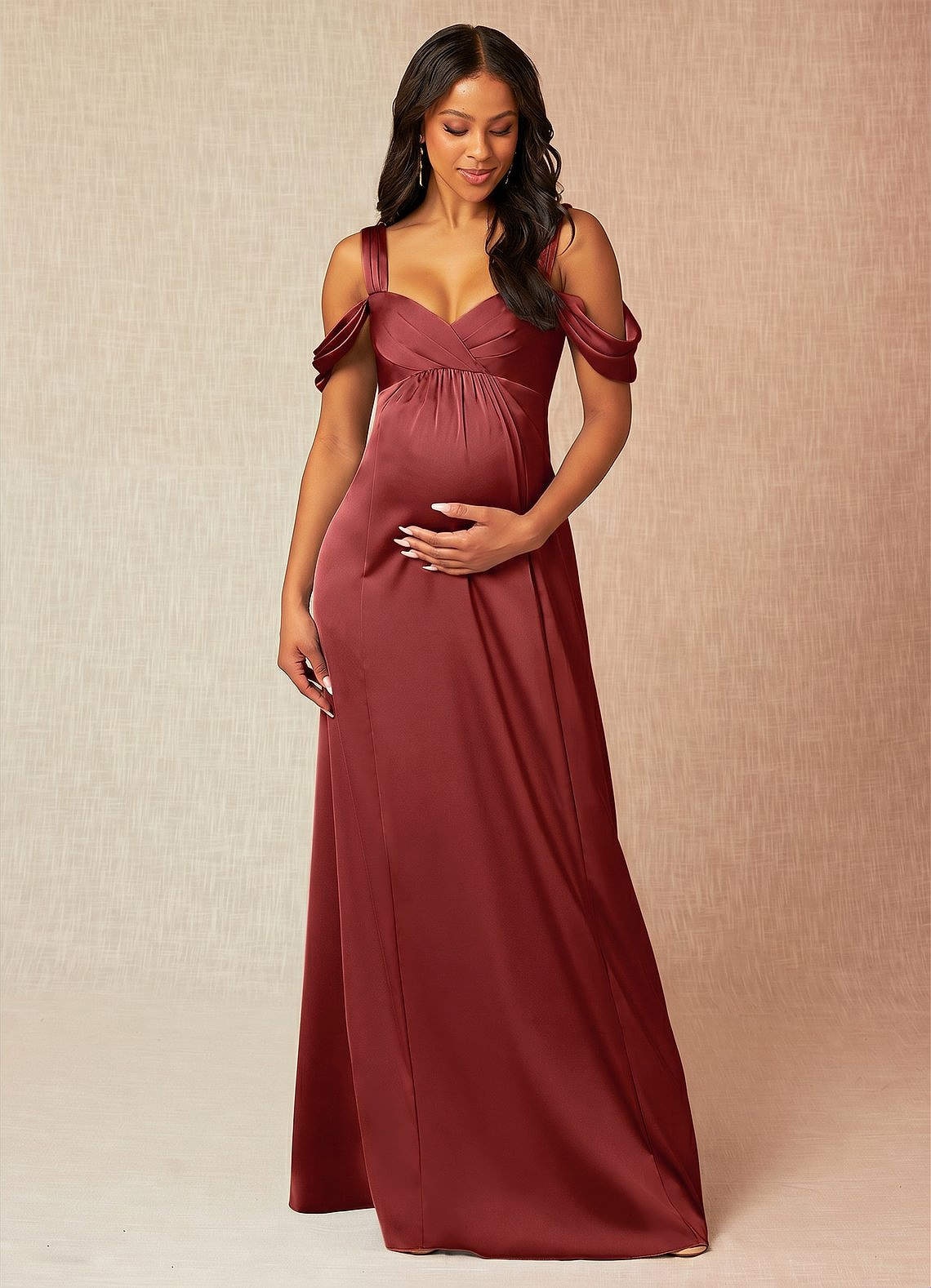 terracotta maternity bridesmaid dress Azazie A-Line/Princess Off The Shoulder Floor-Length Stretch Satin Dresses color-green-bean