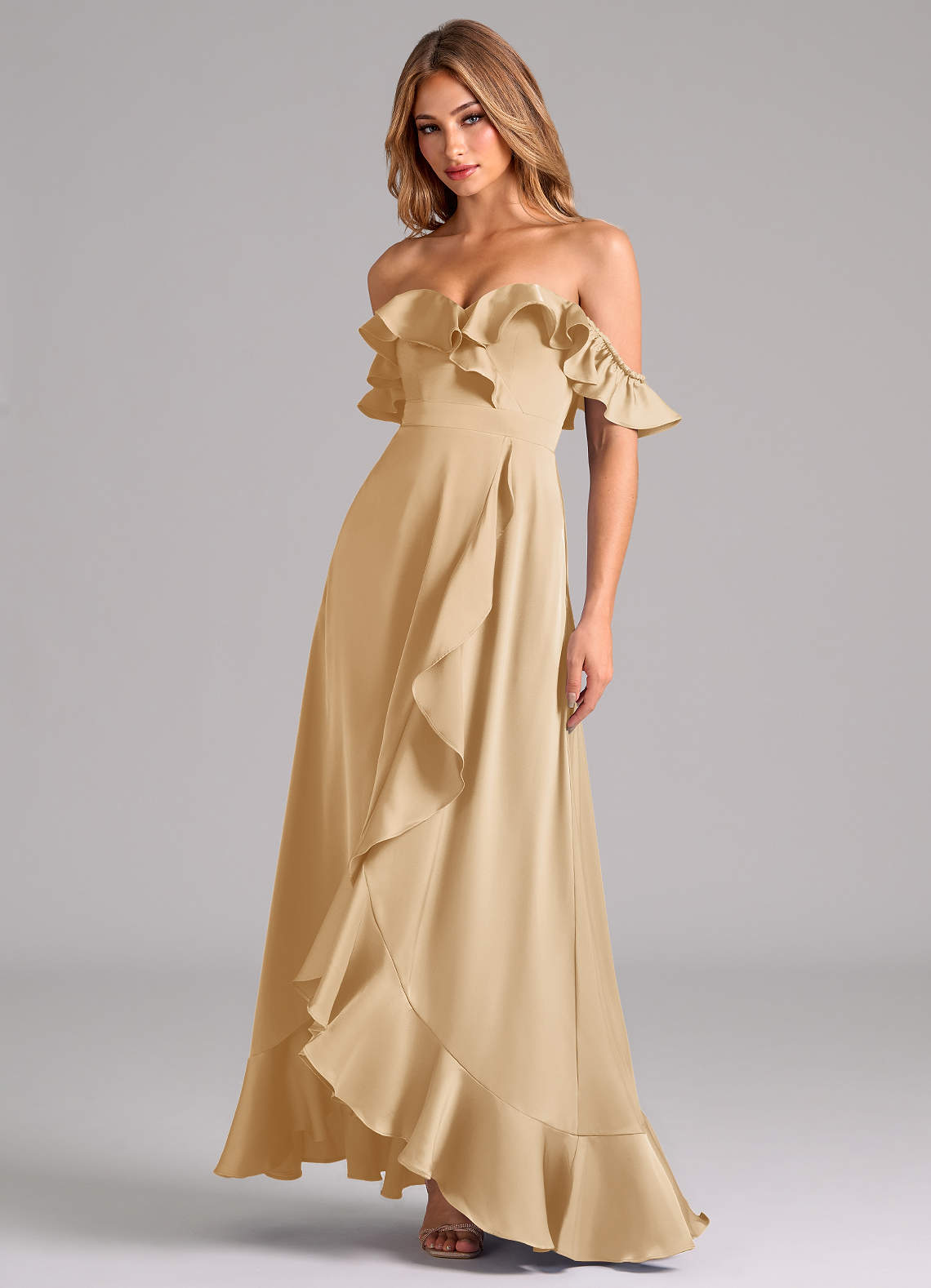 gold multiway dress Azazie A-Line Sweetheart Floor-Length Stretch Satin Bridesmaid Dresses Upsell Tag