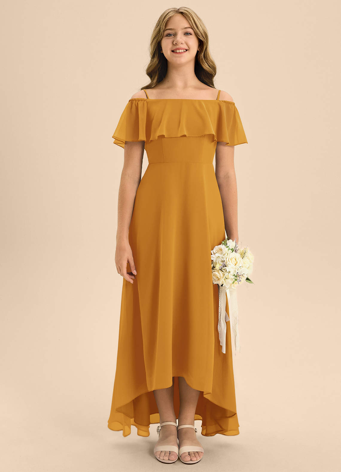Azazie Maggie Junior A-Linie Schulterfrei Chiffon Kleid Butterscotch image1