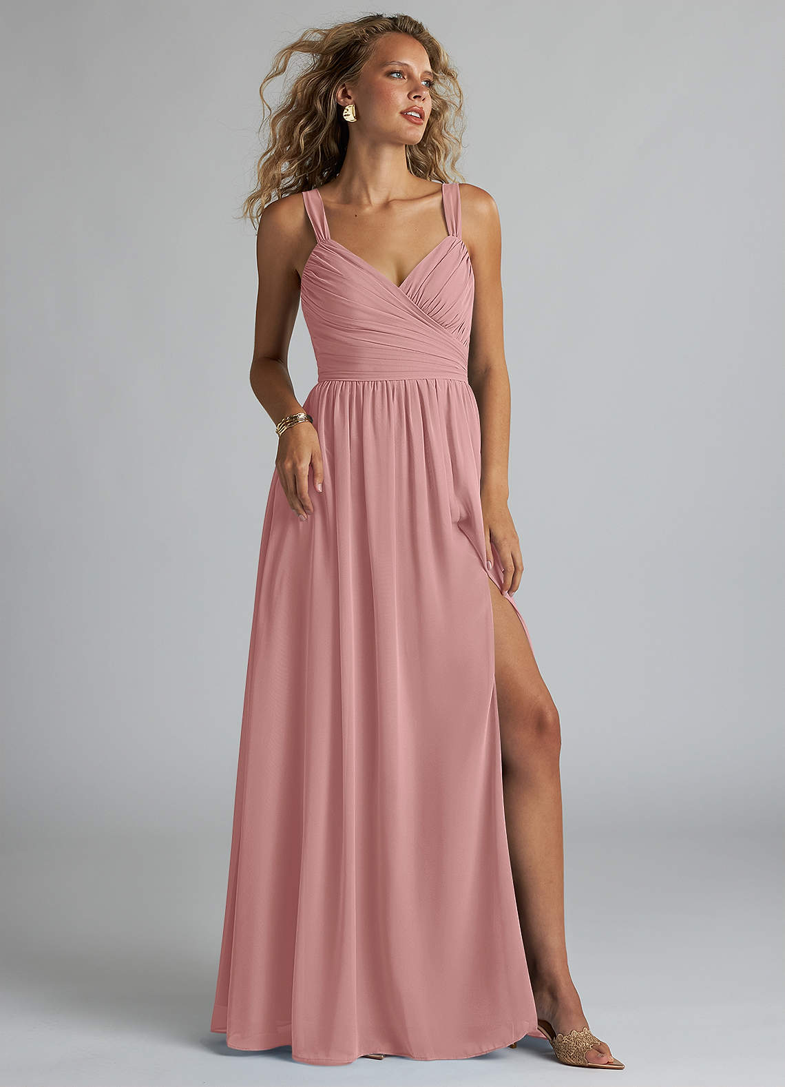 Azazie Aziza Bridesmaid Dresses Dusty Rose A-Line V-Neck Pleated Chiffon Dress image1