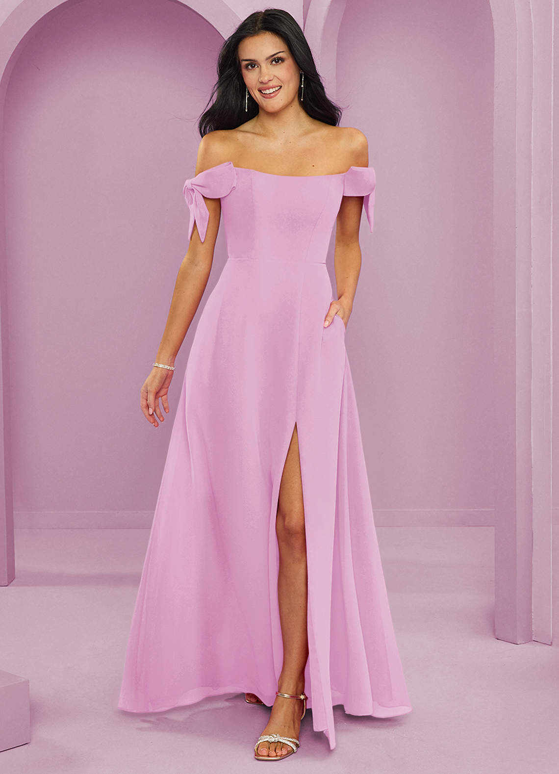Barbie ♥ Azazie Vestidos de damas de honor Vestido de Rosa Caramelo de Gasa de Corte en A Convertible con Vestidos sin tirantes image1