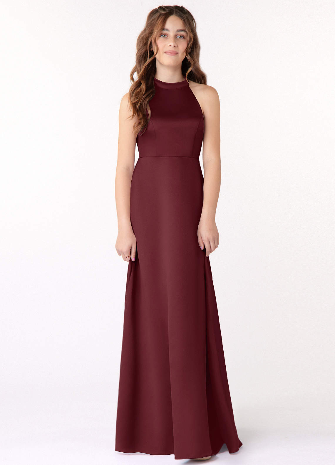 Azazie Laurel Junior Cabernet A-Line Stretch Satin Dress image1