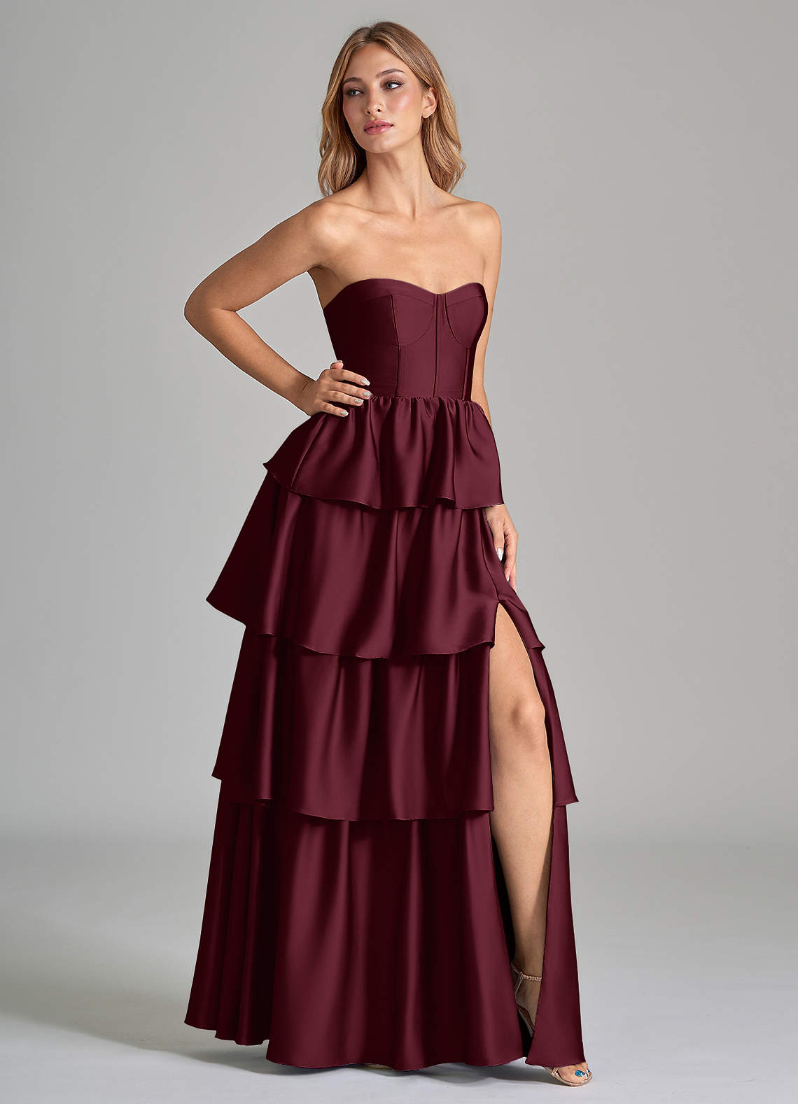 Azazie Faye Bridesmaid Dresses Cabernet A-Line Ruched Stretch Satin Dress image1