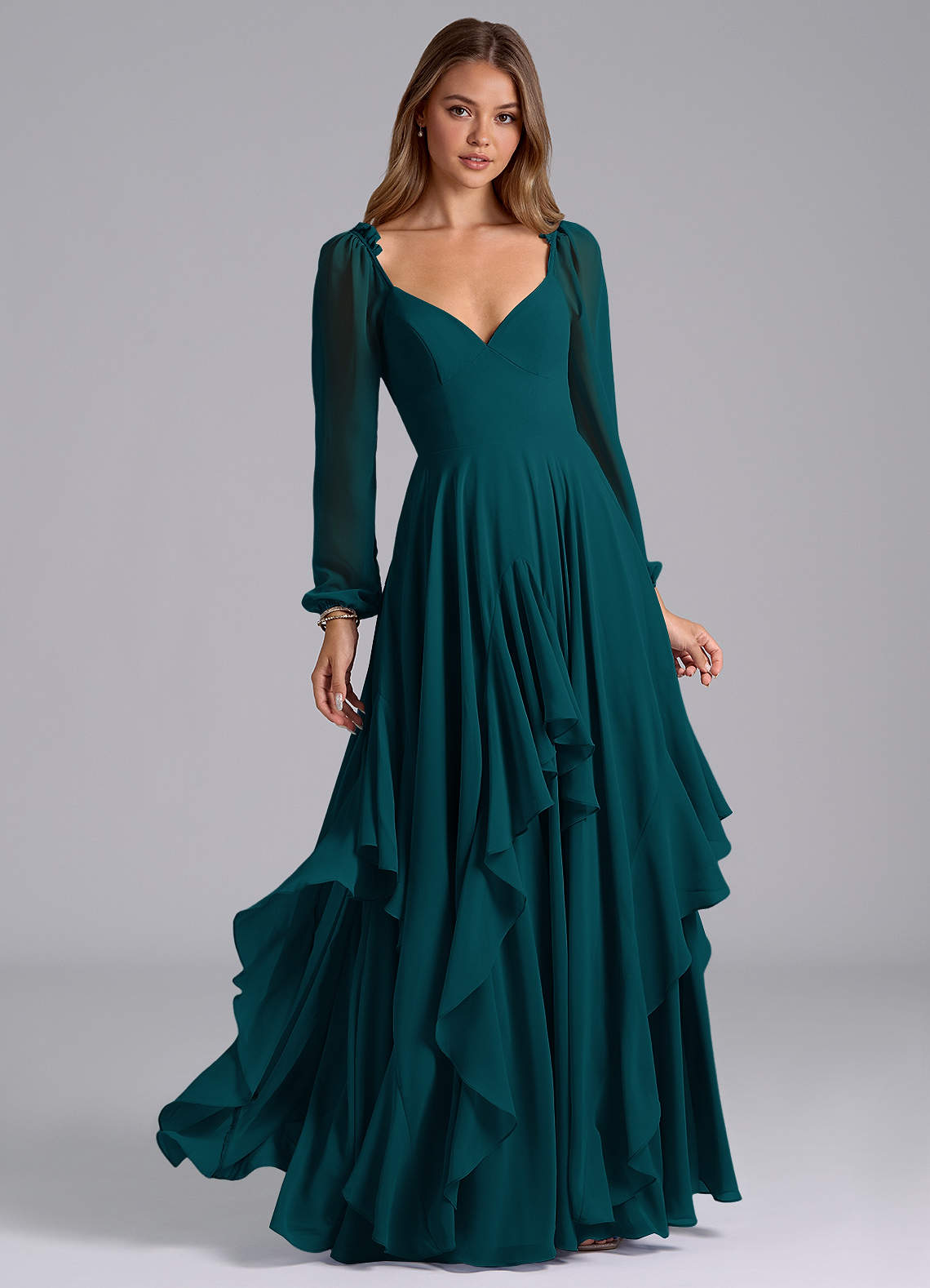 Azazie Karan Bridesmaid Dresses Pine A-Line Long Sleeve Chiffon Dress image1