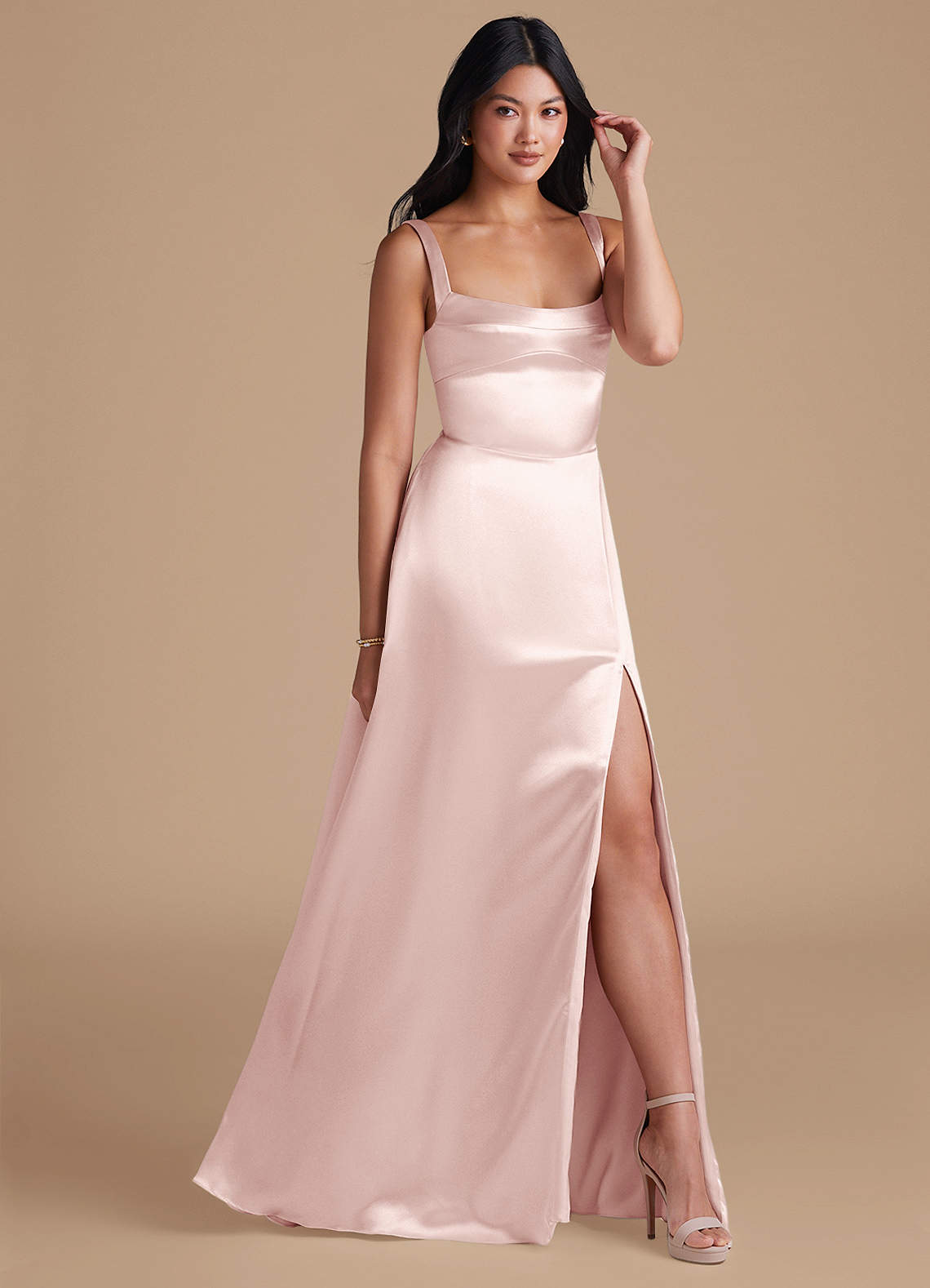 Azazie Hope Bridesmaid Dresses Blushing Pink A-Line with Pockets Metallic Satin Dress image1