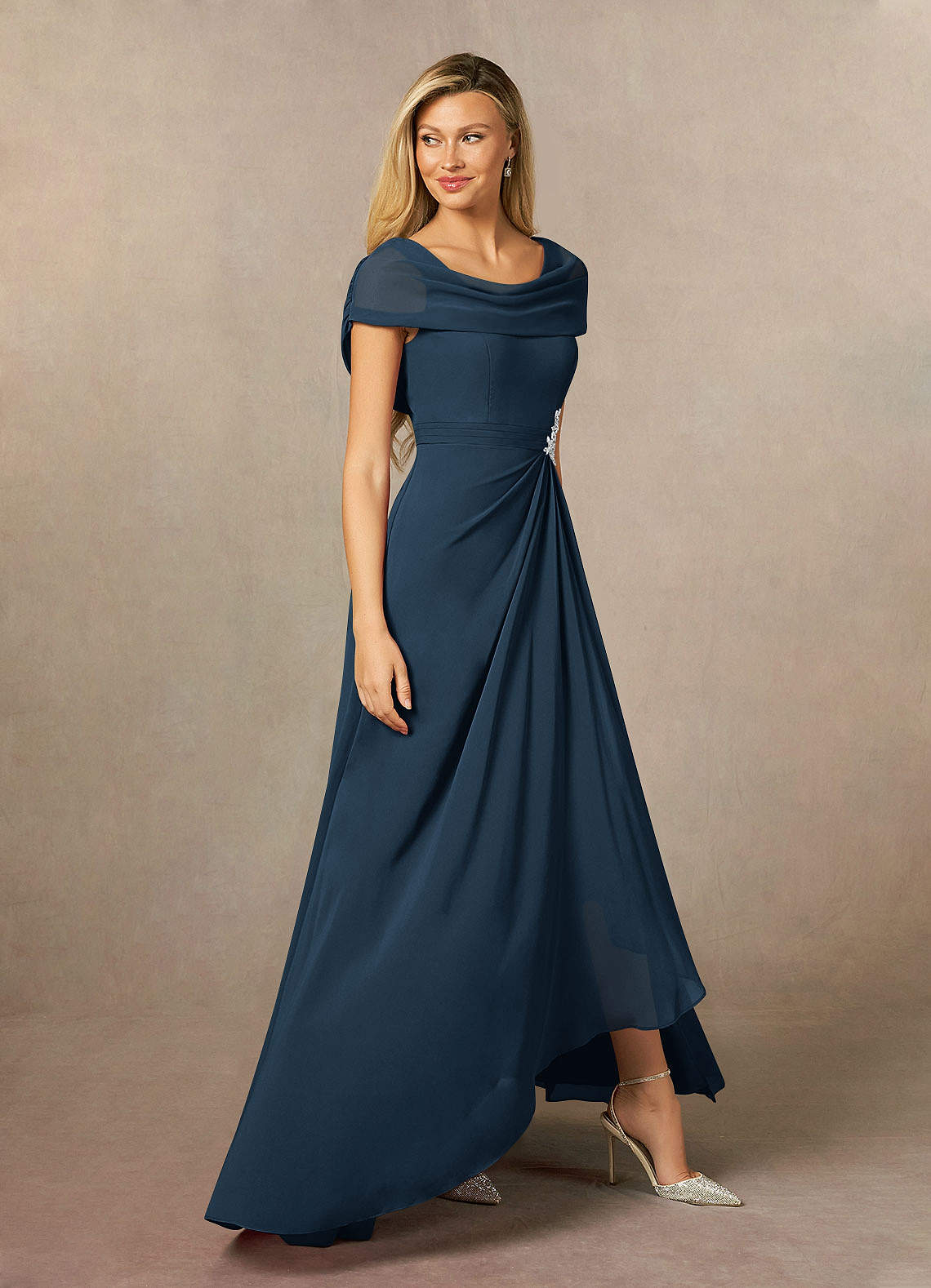 chiffon dress navy blue Azazie Mary Bodice 100% Polyester layered tulle Simon Miller Cece Asymmetrical Size:50L