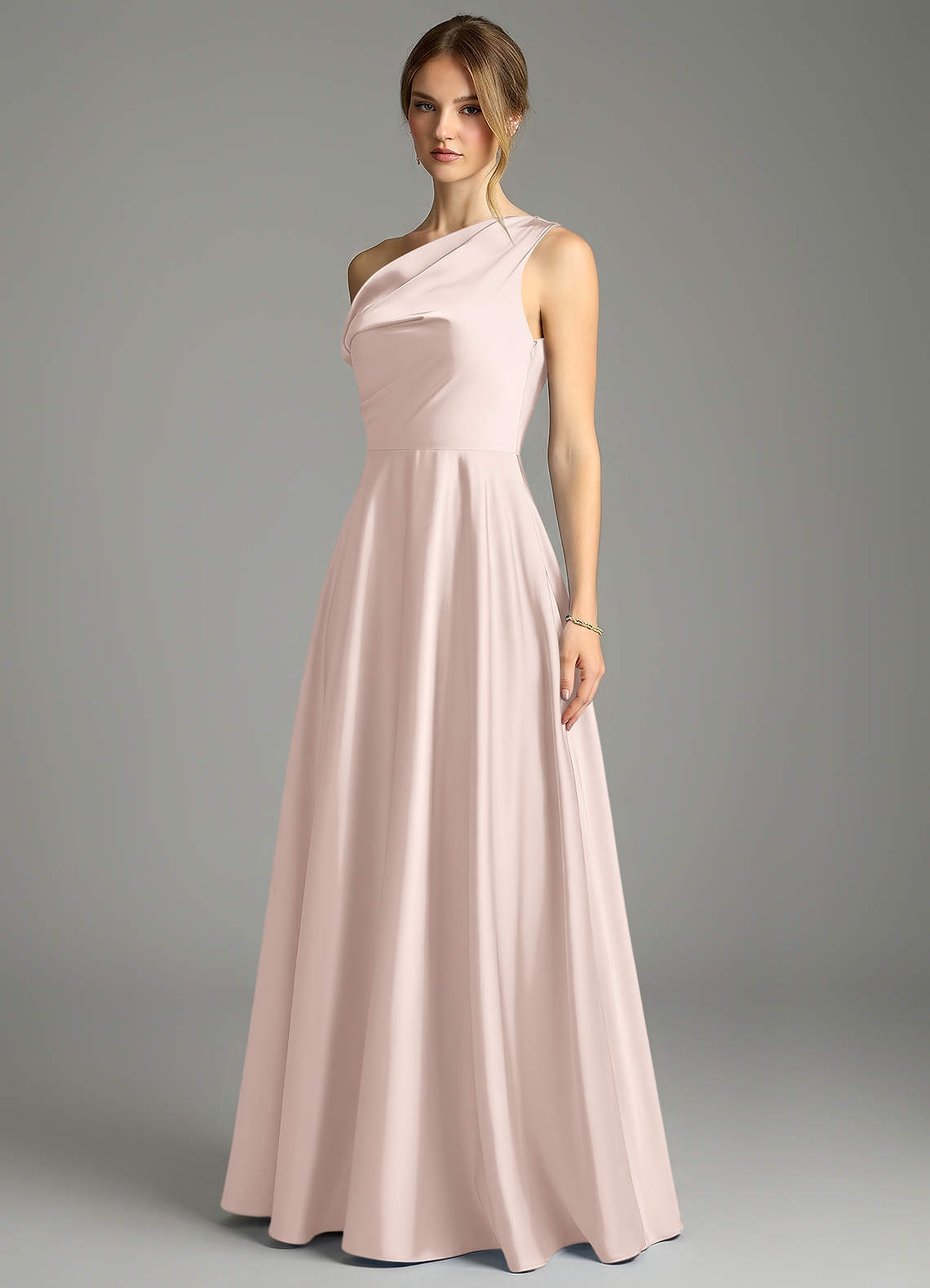 Azazie Xanthe Bridesmaid Dresses Blushing Pink A-Line Off the Shoulder Stretch Satin Dress image3
