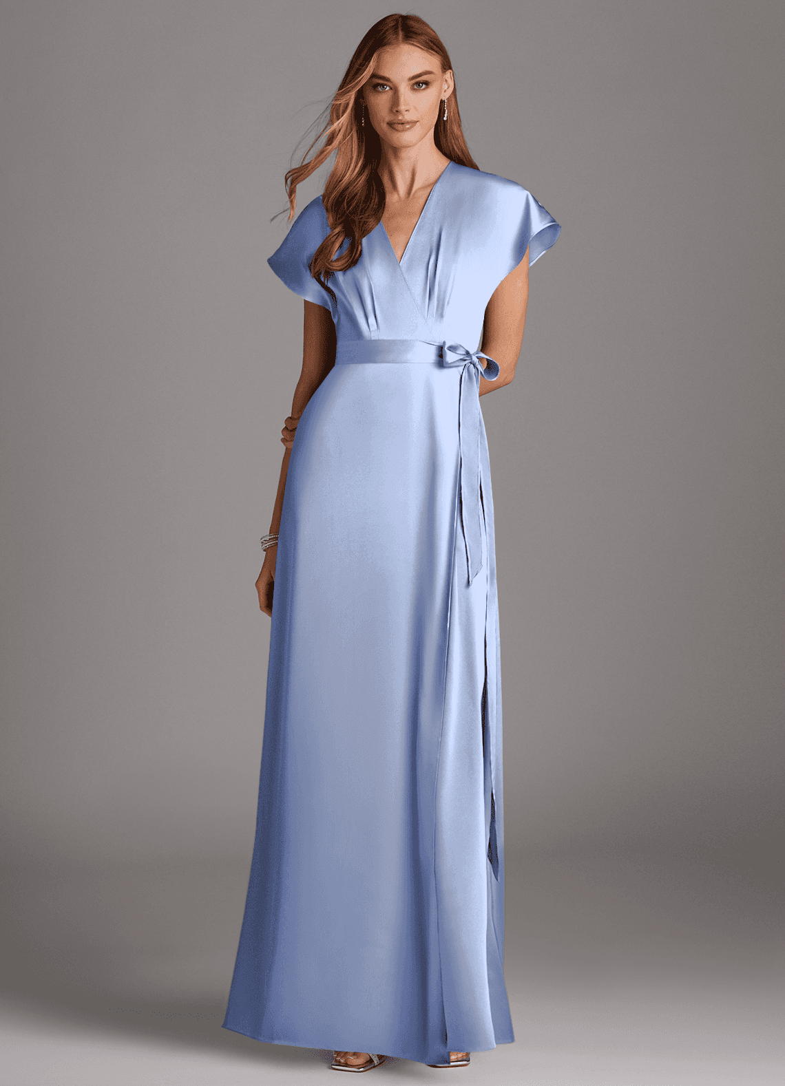 Azazie Nico Bridesmaid Dresses Ice A-Line V-Neck Stretch Satin Dress image1