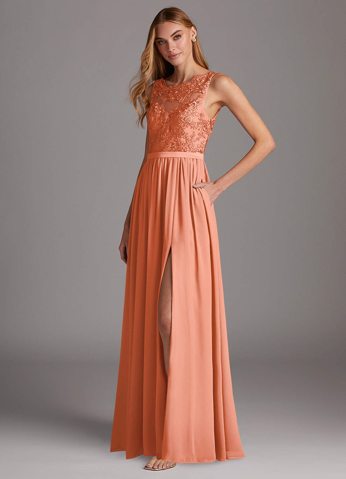 Azazie Elly Bridesmaid Dresses Sunset A-Line Lace Scoop Neck Chiffon Dress image1