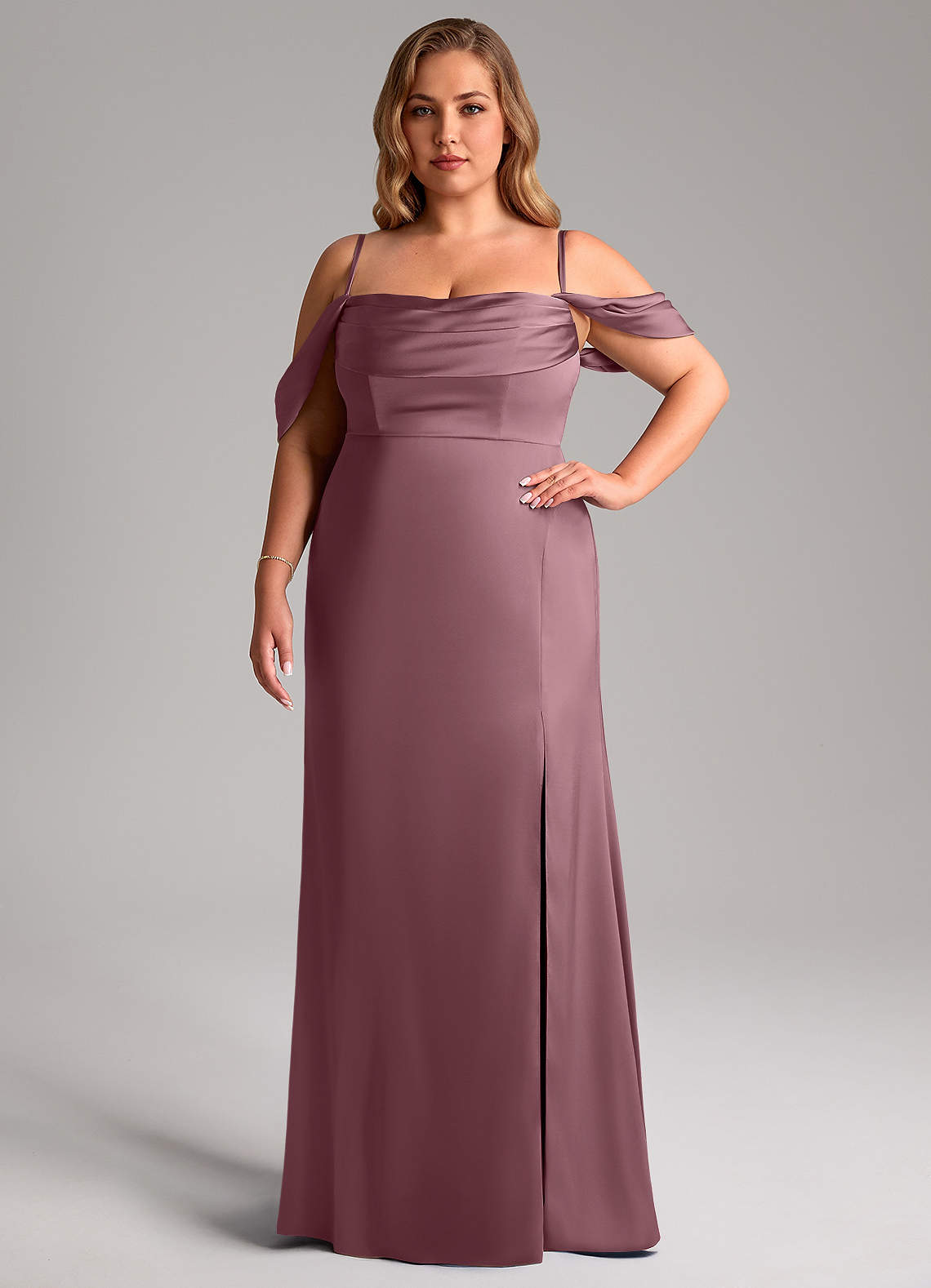 Azazie Saige At-home Try On Dresses Amethyst Sheath Off the Shoulder Stretch Satin Dress image15