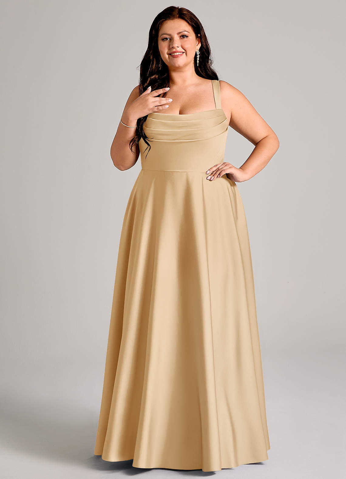 Azazie Shaude Bridesmaid Dresses Gold A-Line Pleated Stretch Satin Dress image1