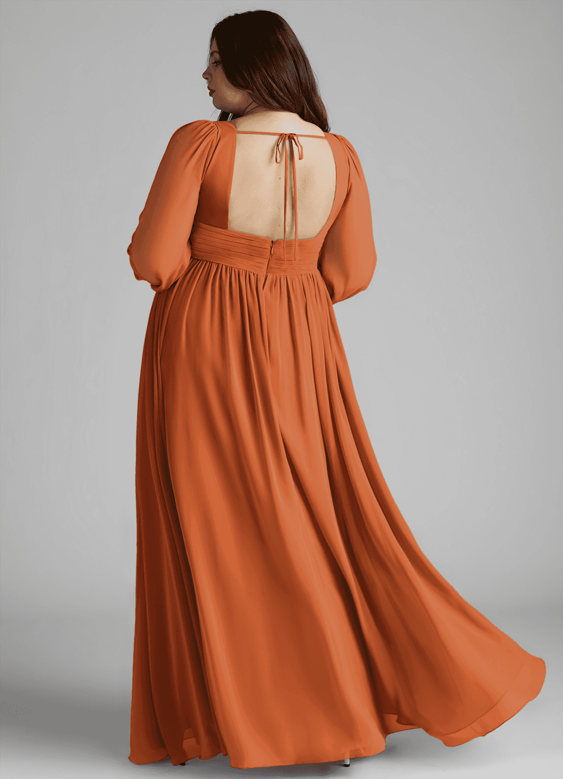 Azazie Norah Bridesmaid Dresses Cinnamon A-Line V-Neck Long Sleeve Chiffon Dress image6