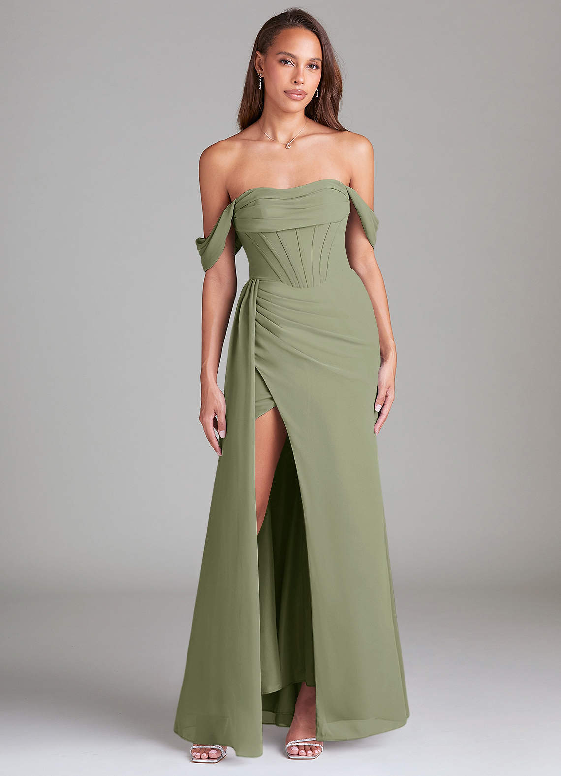 Azazie Amyra Bridesmaid Dresses Pistachio Sheath Off the Shoulder Chiffon Convertible Dress image1