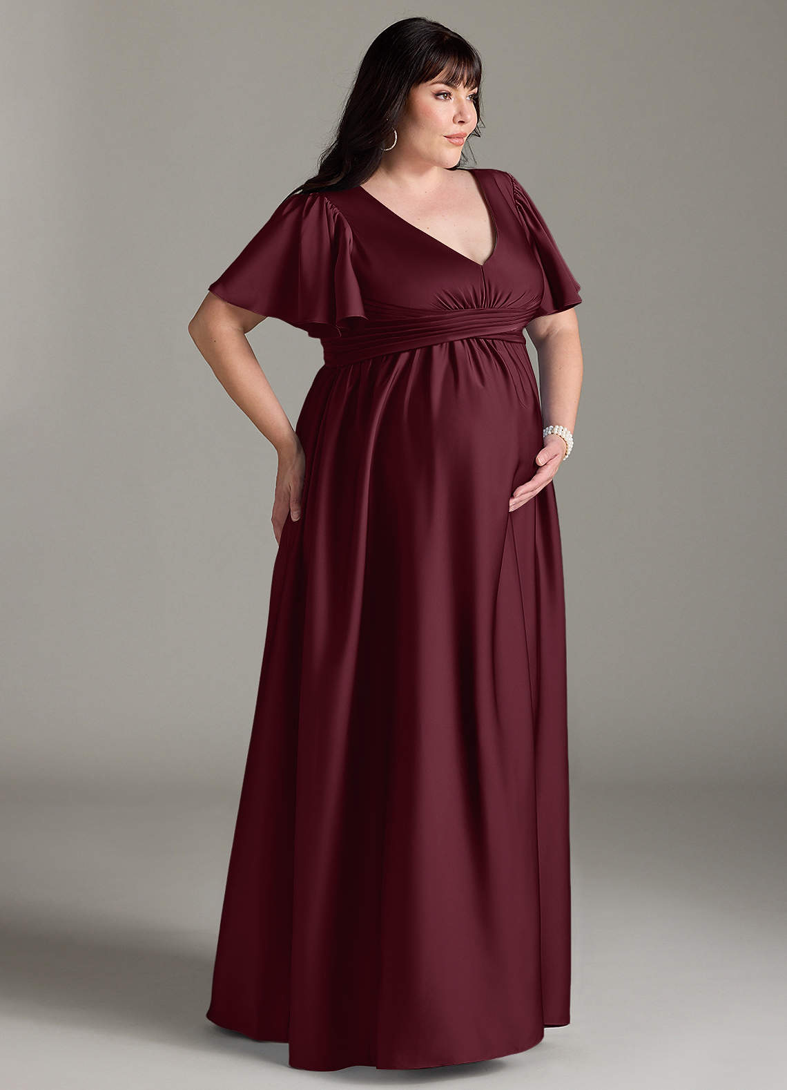 Azazie Verna vestidos de dama de honor de maternidad Vestido de Corte En A Volante Hasta el suelo Satén Elástico image11