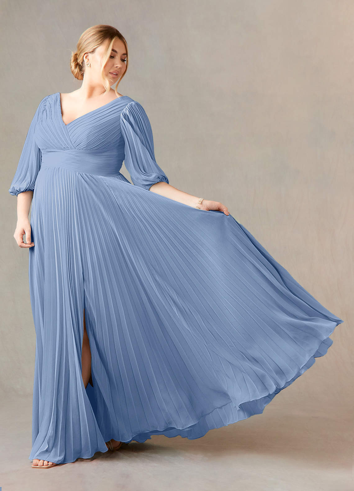 Steel Blue A-Line Pleated Chiffon Dress