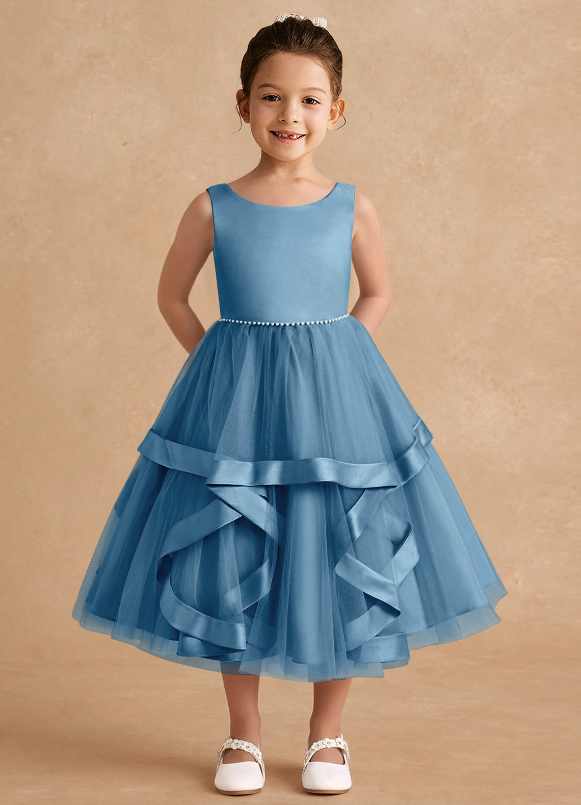 Azazie Posy Flower Girl Dresses Steel Blue A-Line Beaded Tulle Dress image1