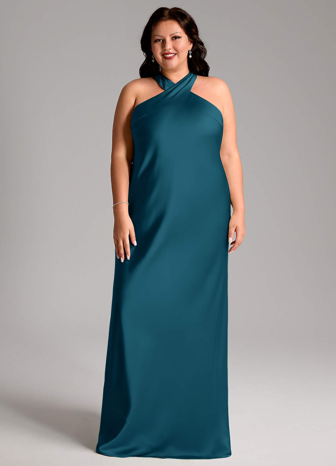 Azazie Doretta Vestidos de damas de honor Vestido de Azul Tinta de Satén Elástico de Corte Sirena con Plisado image1