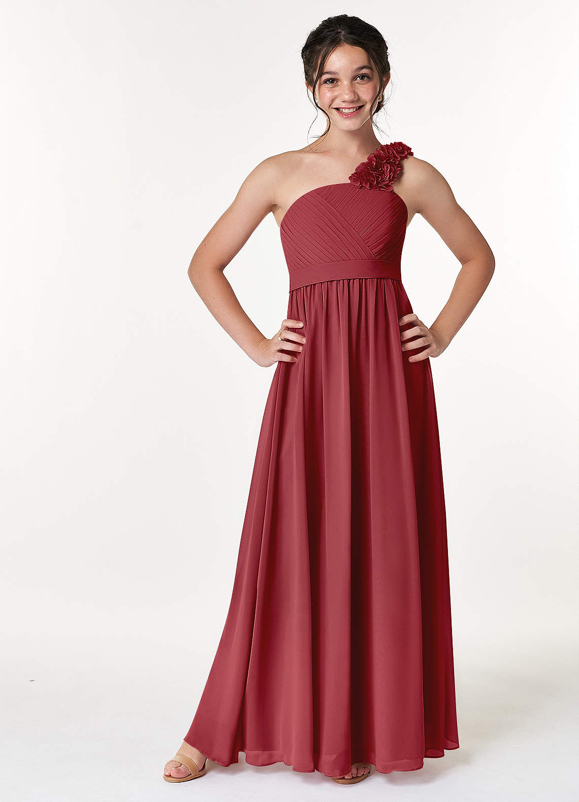 Azazie Flower Junior Abito A-Line in Chiffon Plissettato Melograno image1