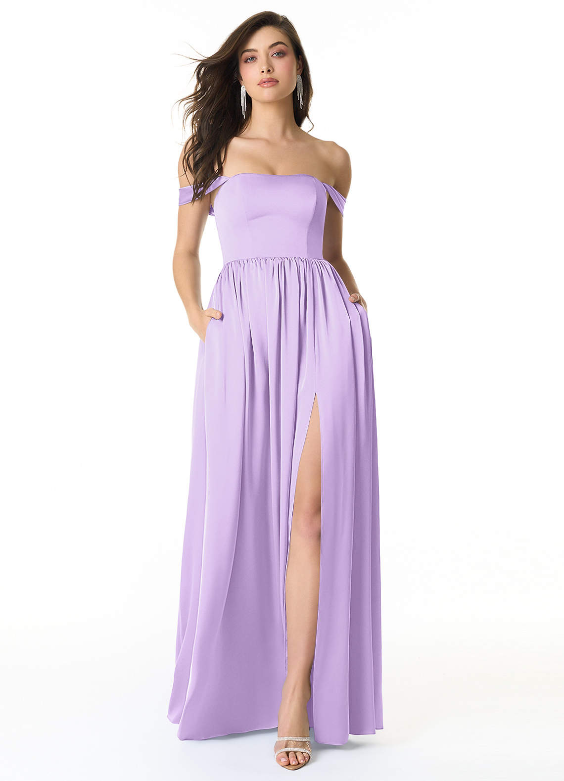 Azazie Morana Bridesmaid Dresses Lilac A-Line Off the Shoulder Stretch Satin Convertible Dress image1