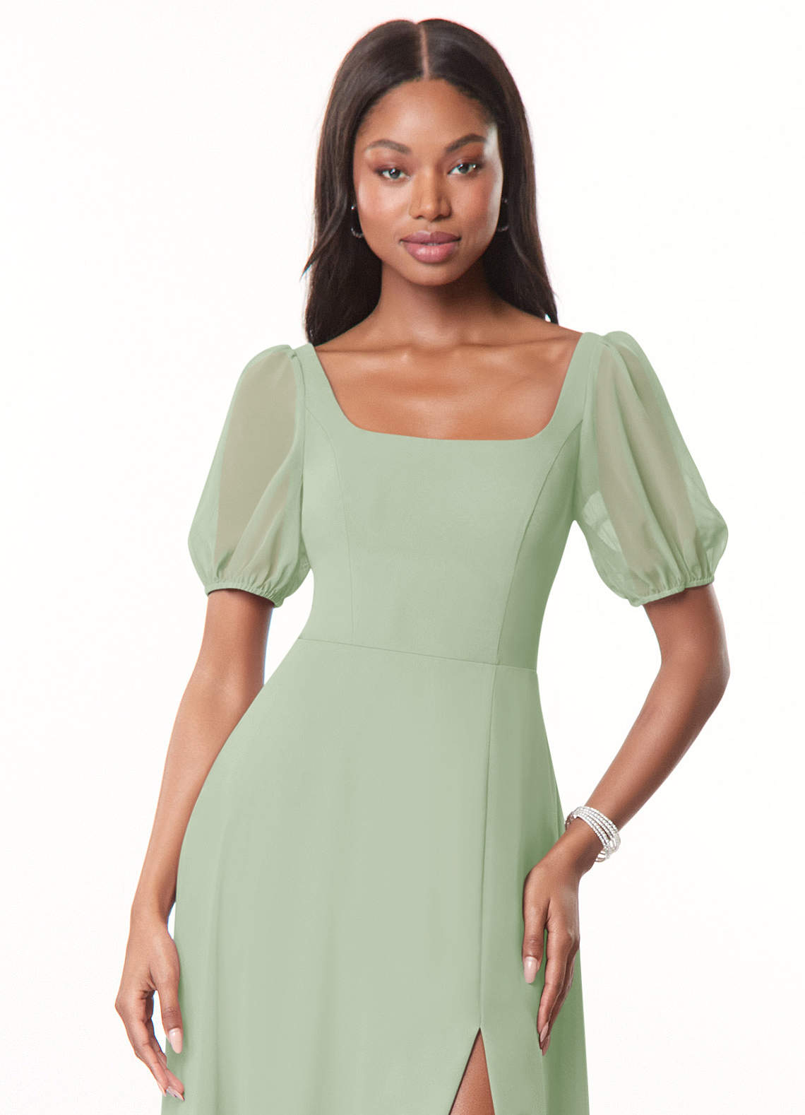 Long Tulle Dresses with Illusion Neckline Dusty Sage