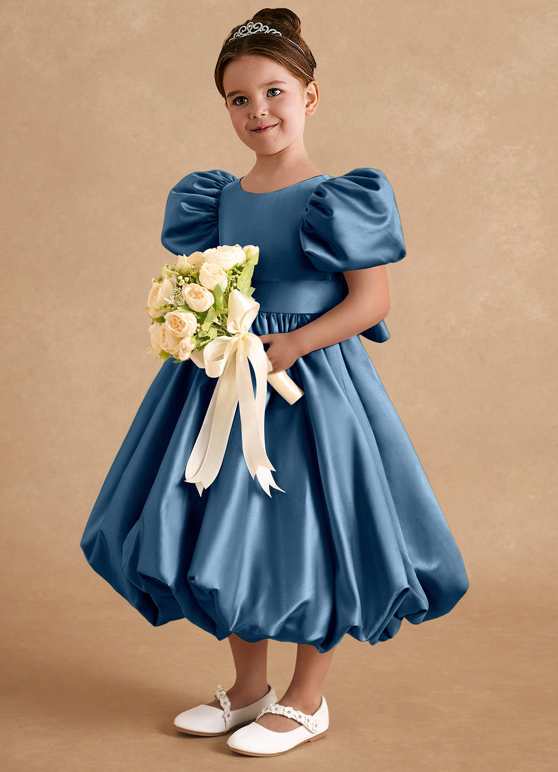 Azazie Jellybean Flower Girl Dresses Bermuda Ball-Gown Ruched Matte Satin Dress image1