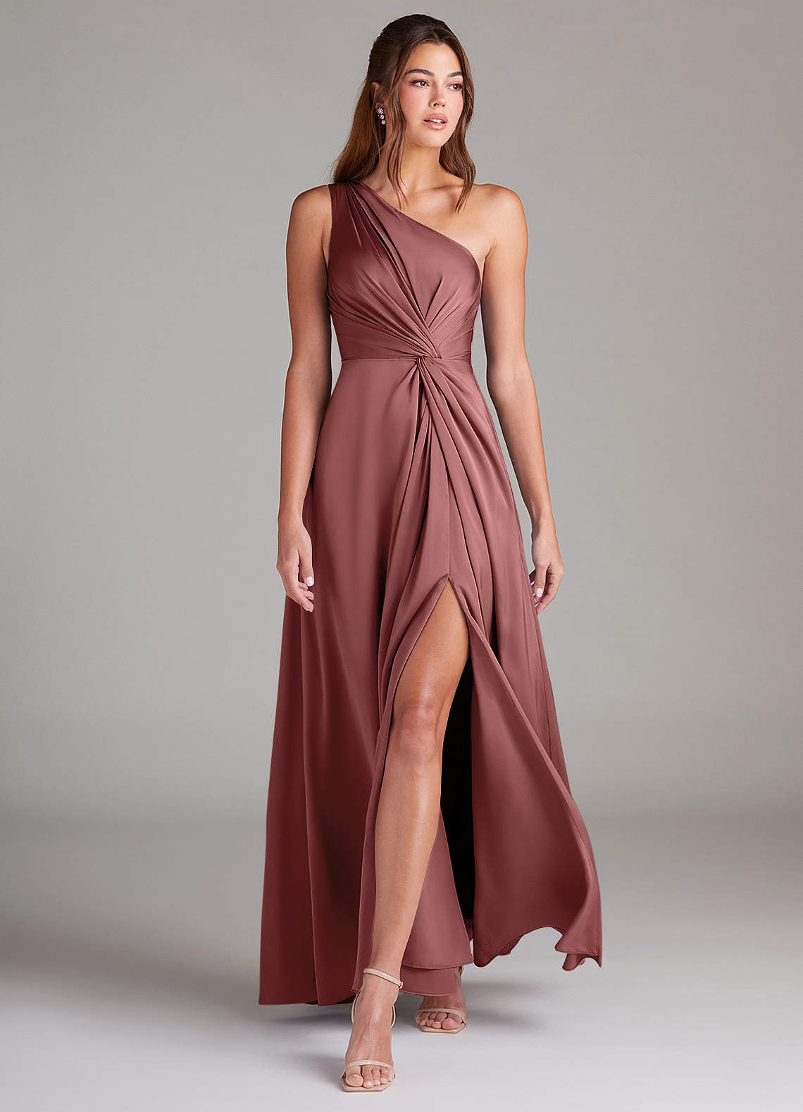 Azazie Brooke Bridesmaid Dresses Amethyst A-Line One Shoulder Stretch Satin Dress image2