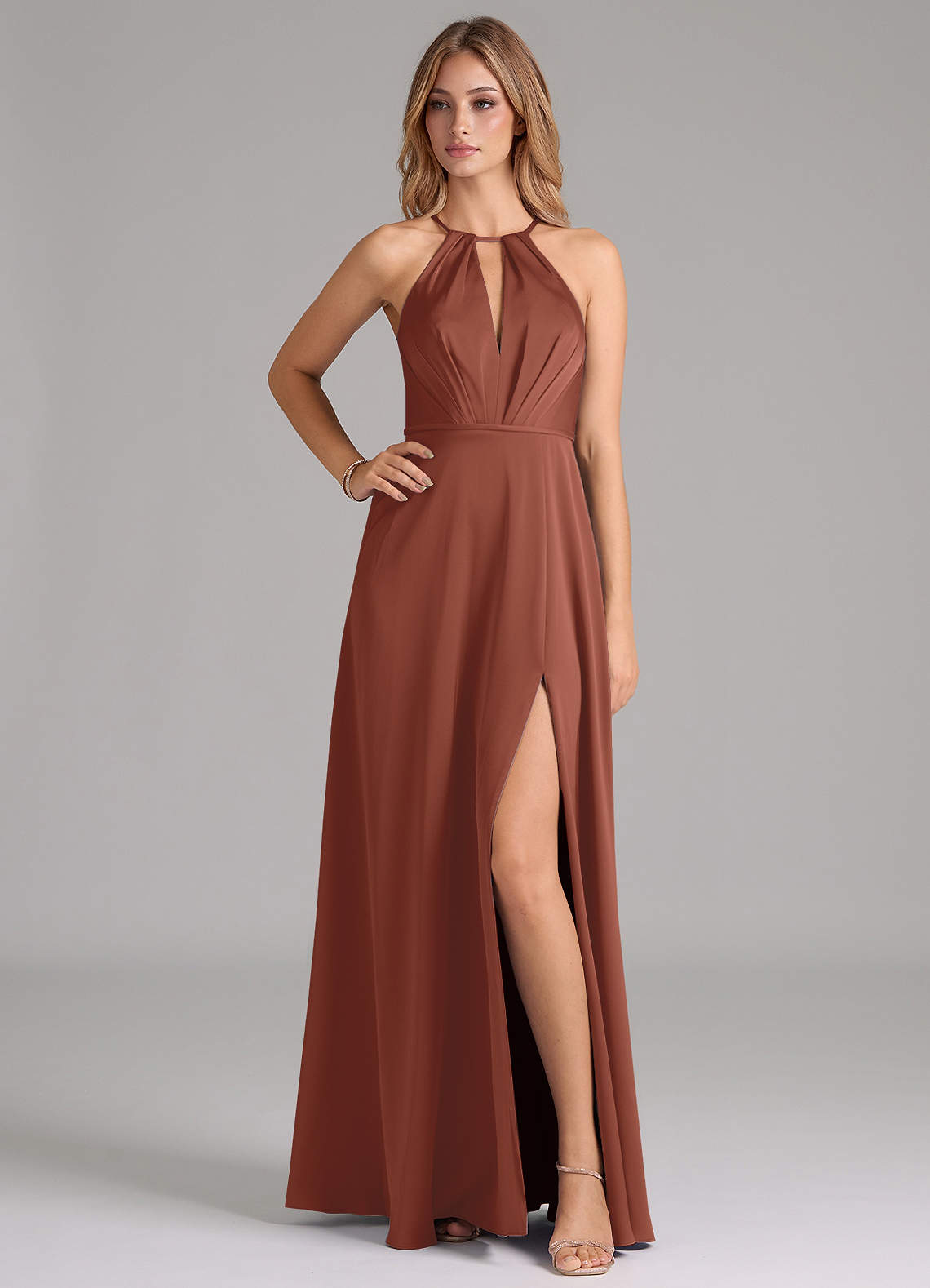 Azazie Evalleen Bridesmaid Dresses Auburn A-Line Pleated Stretch Satin Dress image1