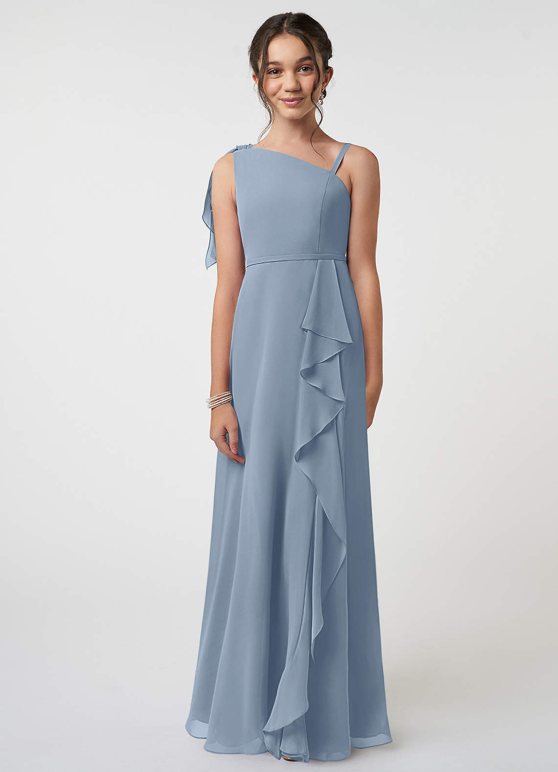Azazie Aidy Junior Dusty Blue A-Line Bow Chiffon Dress image1