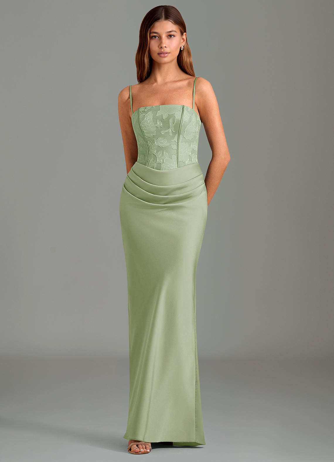 Azazie Emilia Abiti da Damigella Abito Sirena in Raso Elasticizzato Senza Cinturino Verde Salvia image3