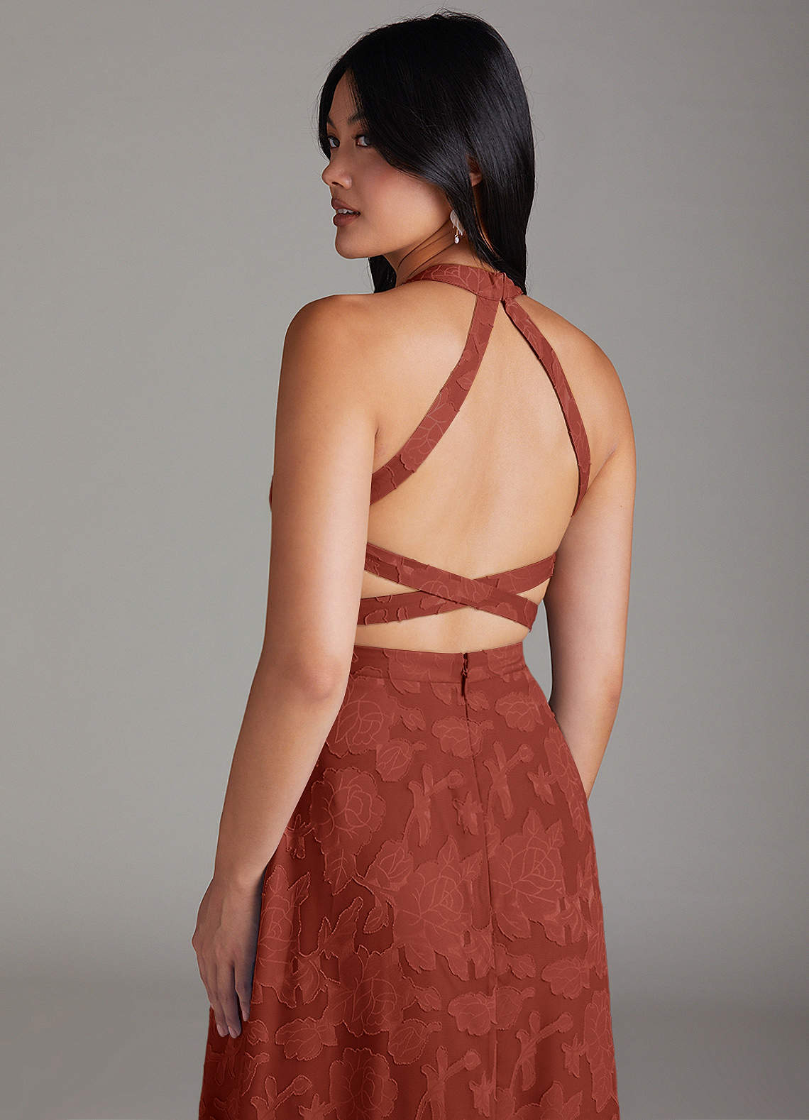 Azazie Clarice Bridesmaid Dresses Terracotta A-Line Side Slit Floral Burnout Dress image5