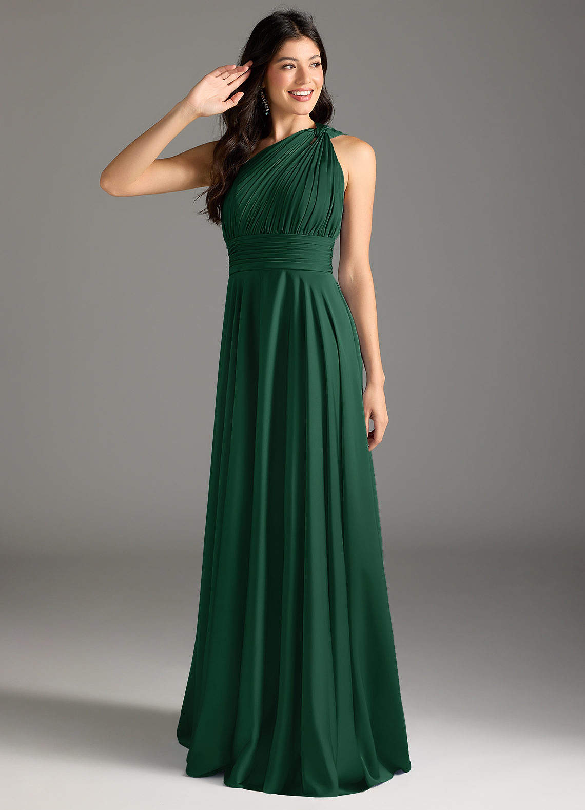 Azazie Charlize Bridesmaid Dresses Dark Green A-Line One Shoulder Stretch Satin Dress image1