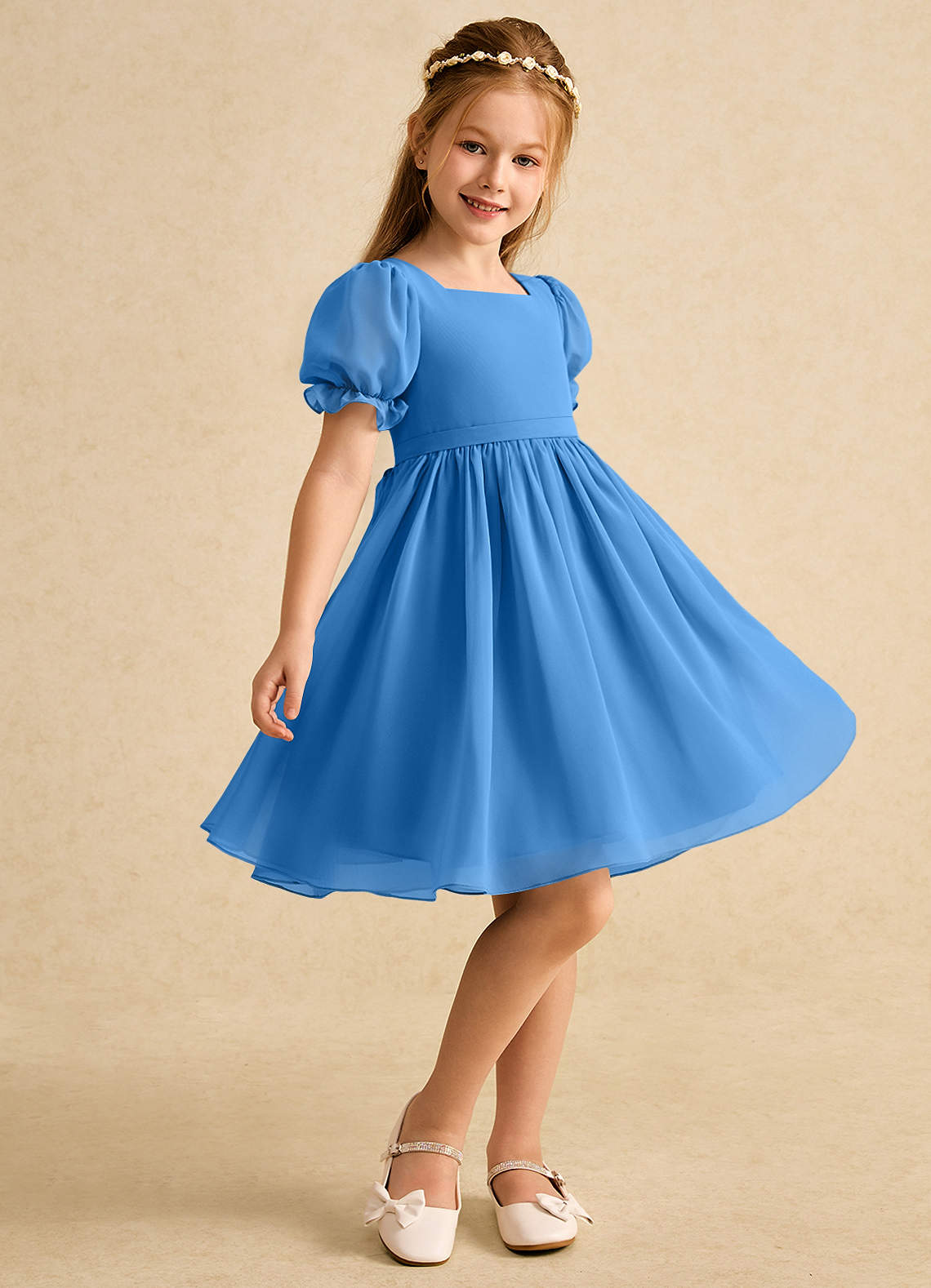 Azazie Jolie Flower Girl Dresses Blue Jay A-Line with Sleeves Chiffon Dress image1