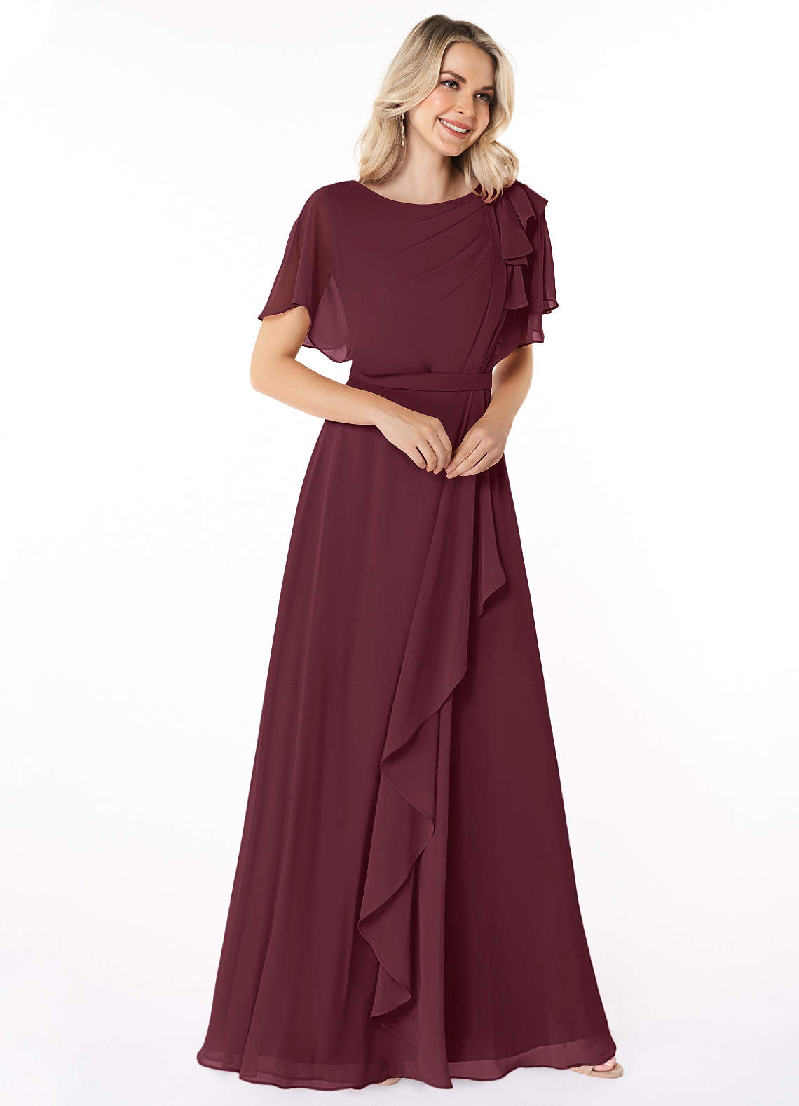 Azazie Aaliyah Modest Bridesmaid Dresses A-Line Scoop Pleated Chiffon Floor-Length Dress image2