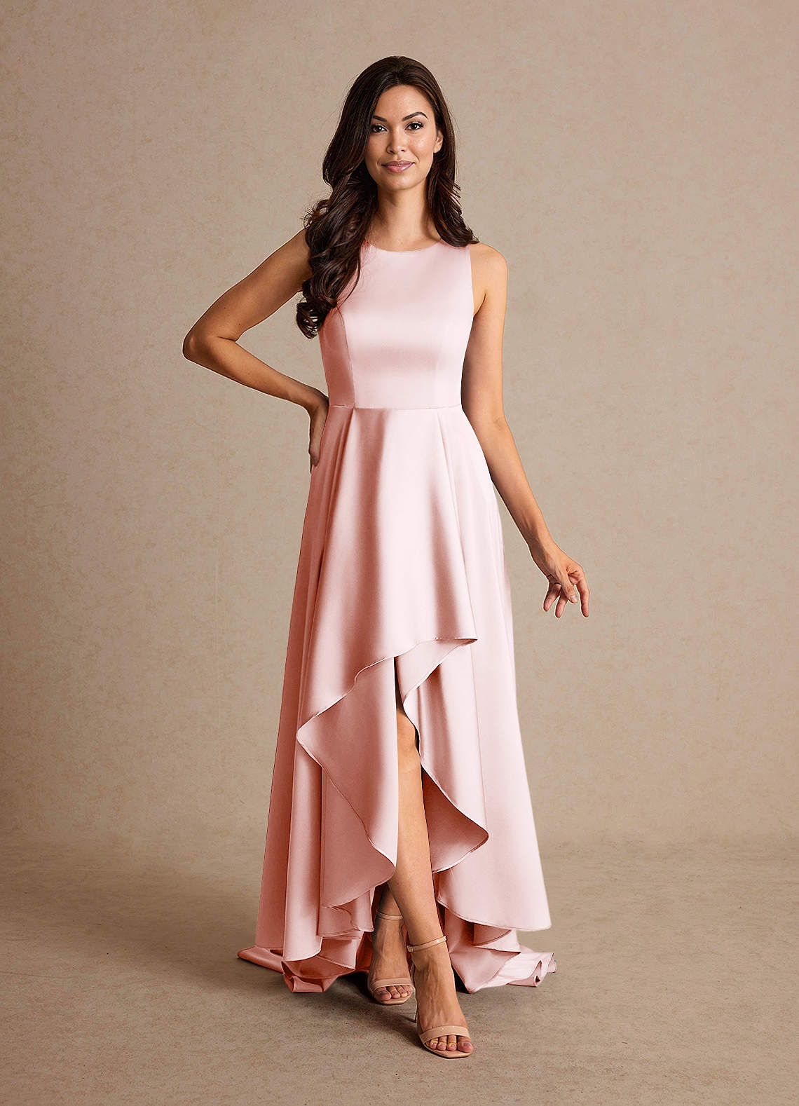 Azazie Niles Mother of the Bride Dresses Blushing Pink A-Line Trains Stretch Satin Dress image1
