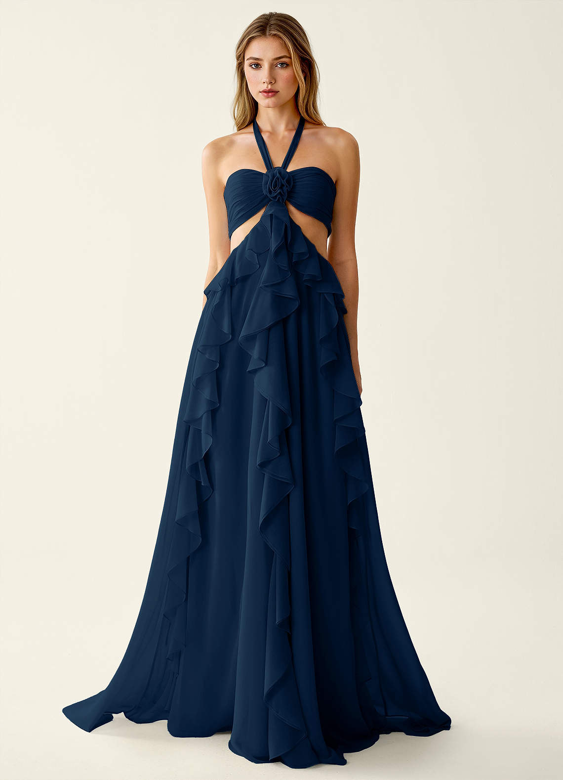 princess polly baby blue dress Gelsomina Navy Chiffon 3D Flowers Ruffled A-line Prom Dress