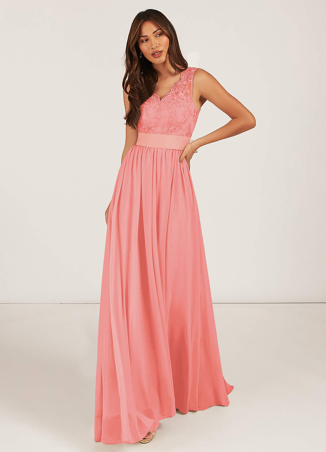 Azazie Gertrude Bridesmaid Dresses Coral A-Line Lace Chiffon Dress image1
