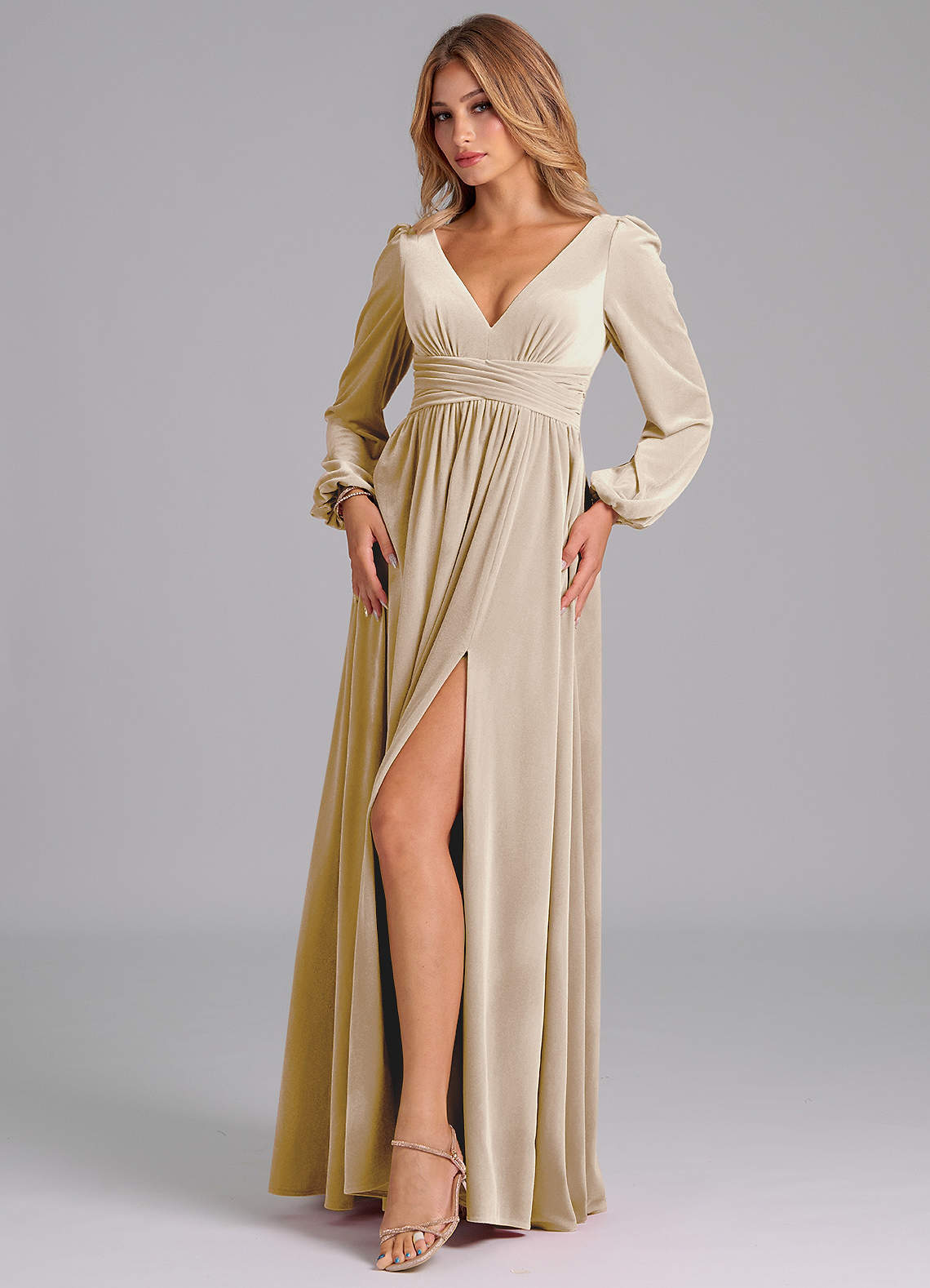 champagne velvet dress no.3 Touchline Tango / Series True wrap design with waist tie Champagne beige velvet long pencil
