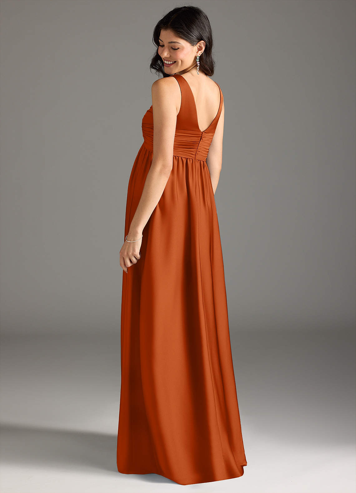 Azazie Yetta At-home Try On Dresses A-Line Pleated Stretch Satin Floor-Length Dress image2