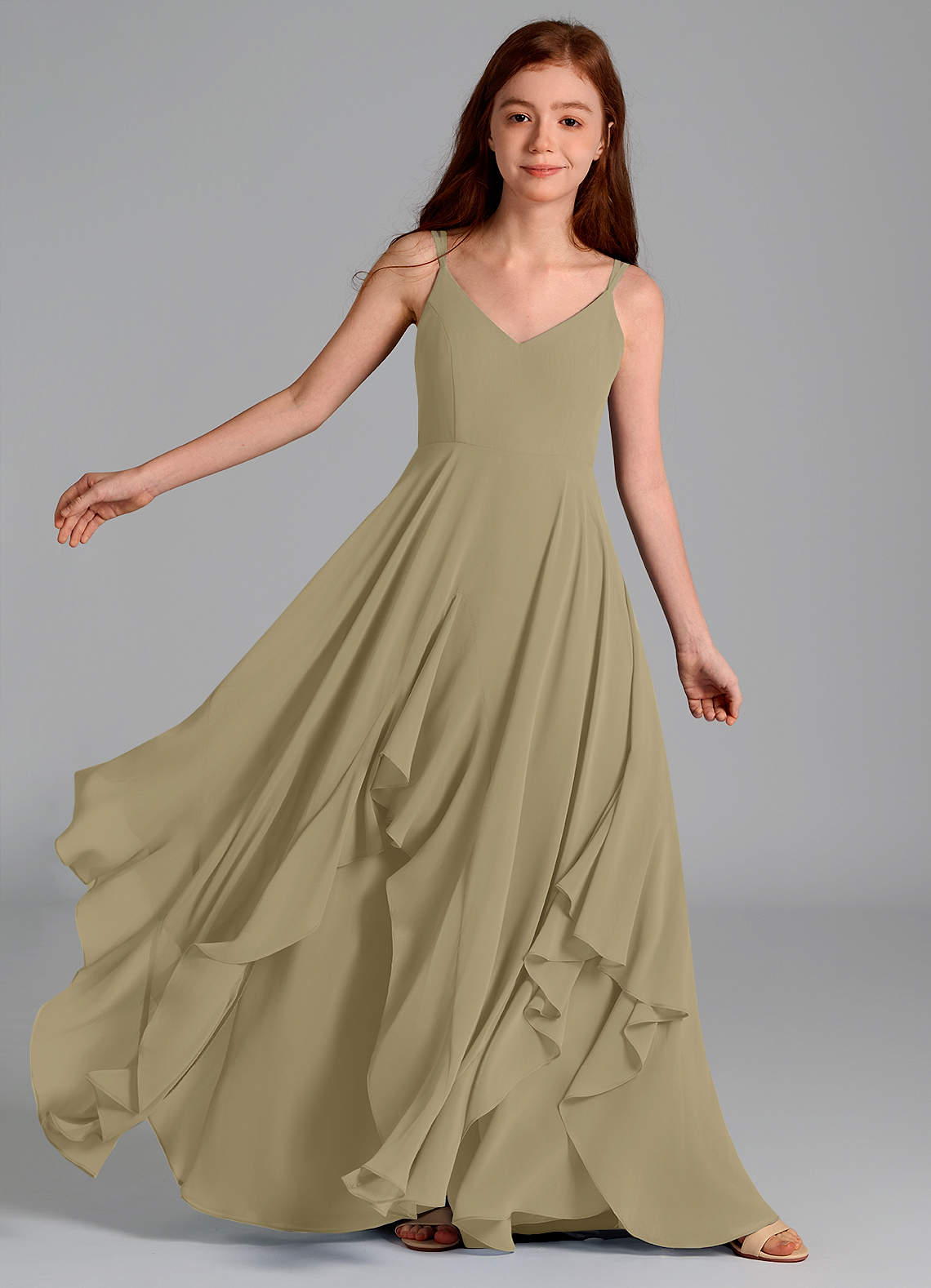 Azazie Karan Junior Robe Trapèze en Mousseline de soie Vert Mousse image1