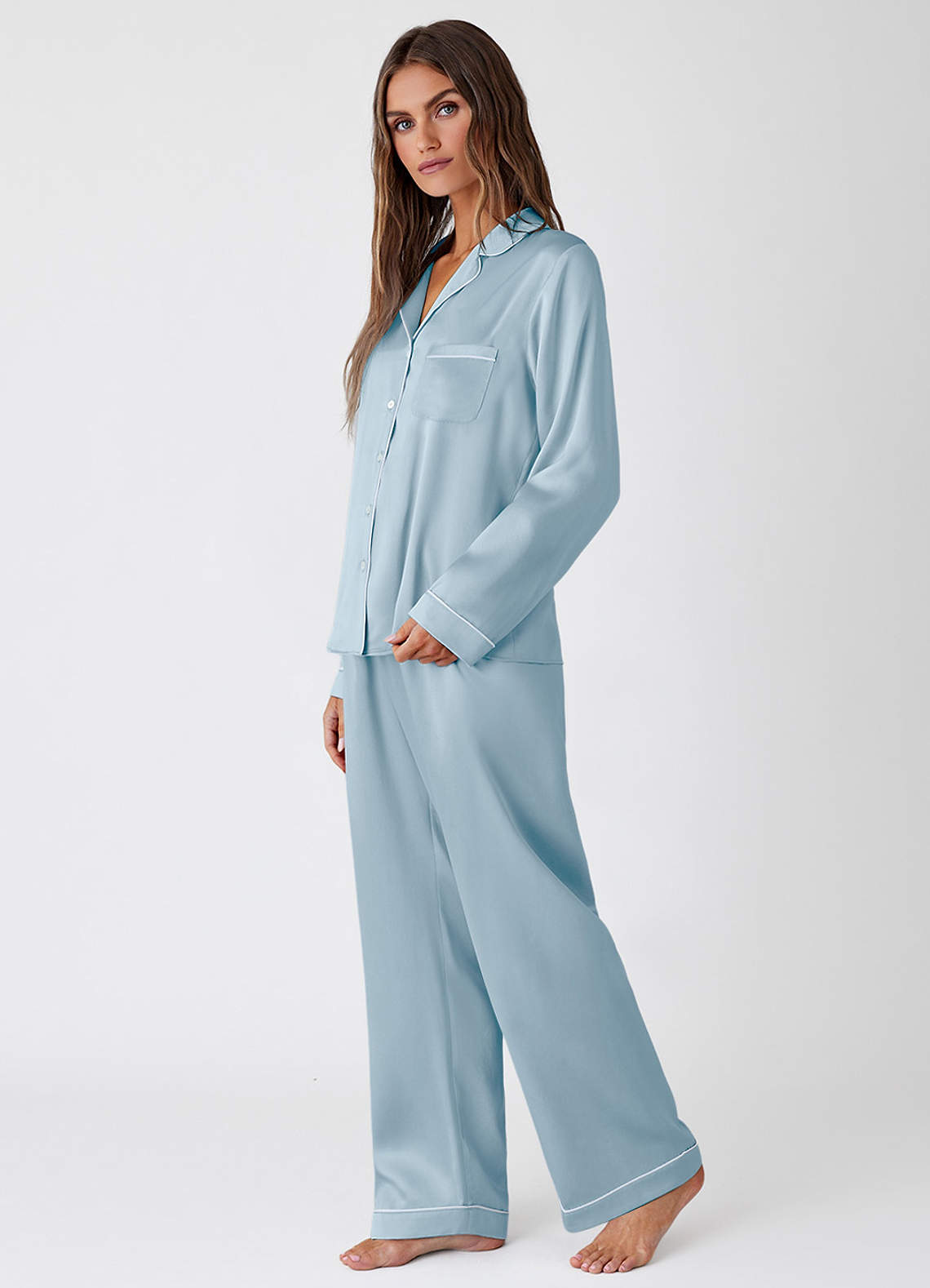 front 100% Washable Silk Pajama Long Sleeve Top