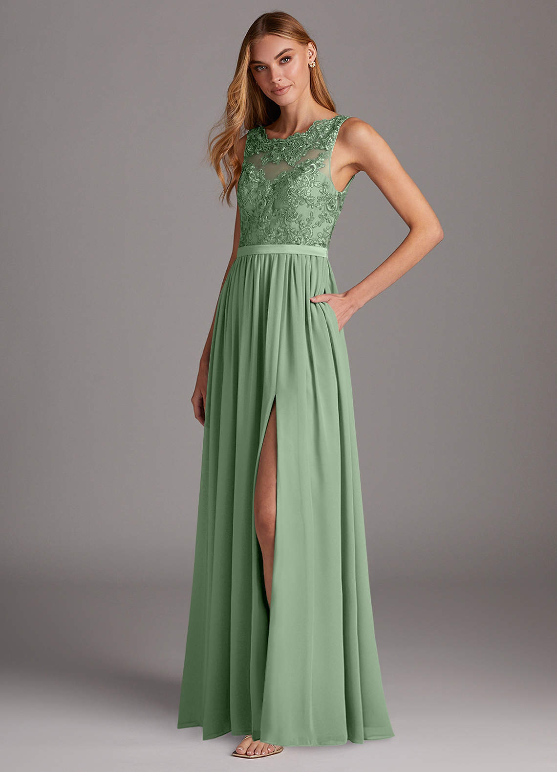 Azazie Elly Bridesmaid Dresses Matcha A-Line Lace Scoop Neck Chiffon Dress image1