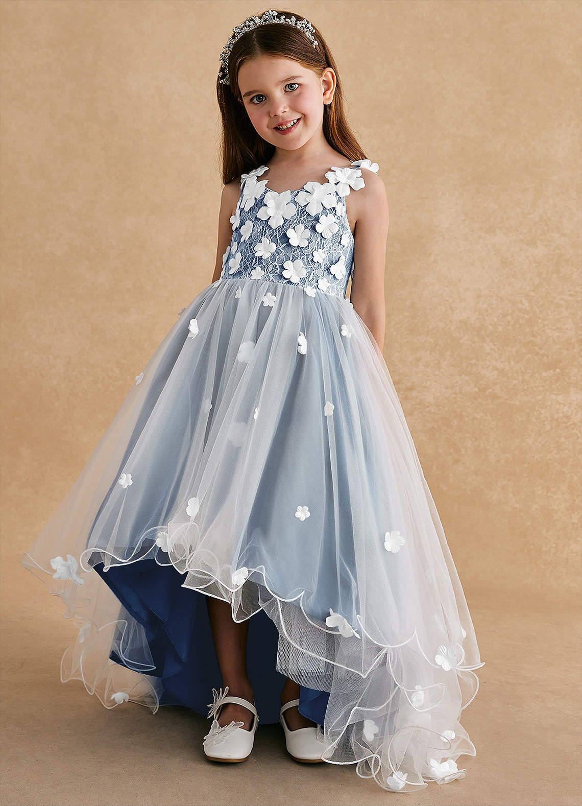 Azazie Celia Flower Girl Dresses Steel Blue A-Line Lace Tulle Dress image4