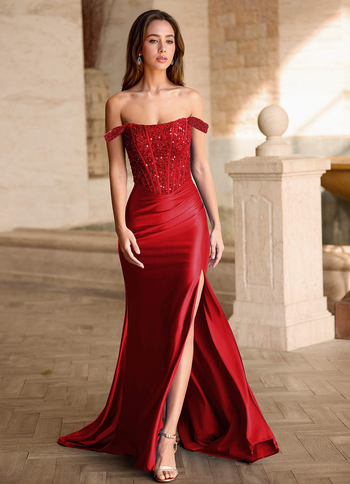 Azazie Red Floor-Length Mermaid Off The Shoulder Corset Sequins Prom and Evening Dress UK Azazie Red Floor-Length Mermaid Off The Shoulder Corset Sequins Prom and Evening Dress UK