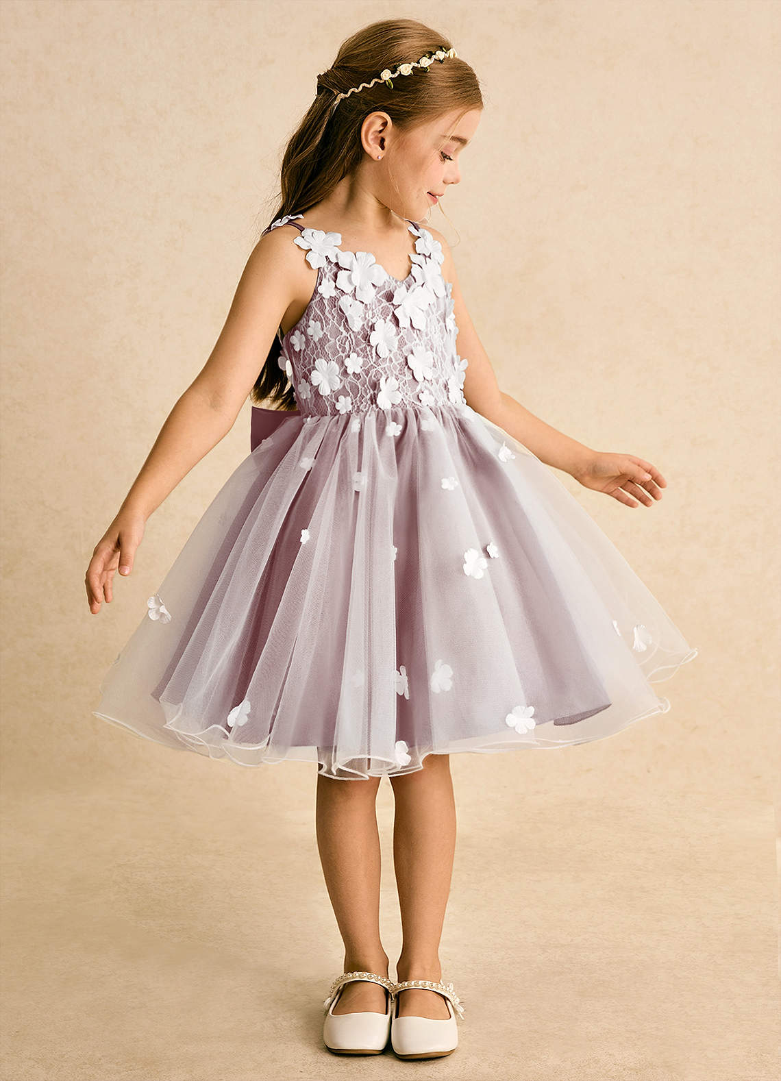 Azazie Junebug Flower Girl Dresses Ivory Dusty Rose Ball-Gown Lace Tulle Dress image3