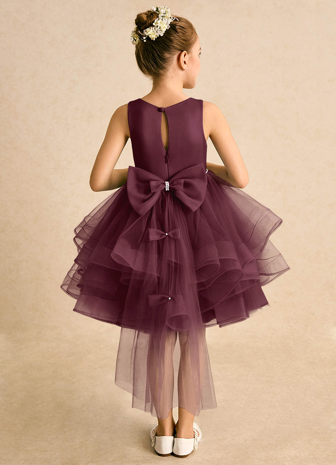 Azazie Tinie Flower Girl Dresses Cabernet Ball-Gown Bow Tulle Dress image1