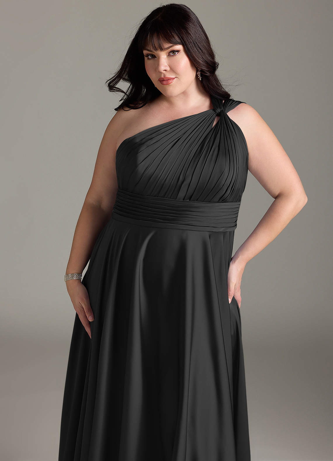 Azazie Charlize Bridesmaid Dresses Black A-Line One Shoulder Stretch Satin Dress image13