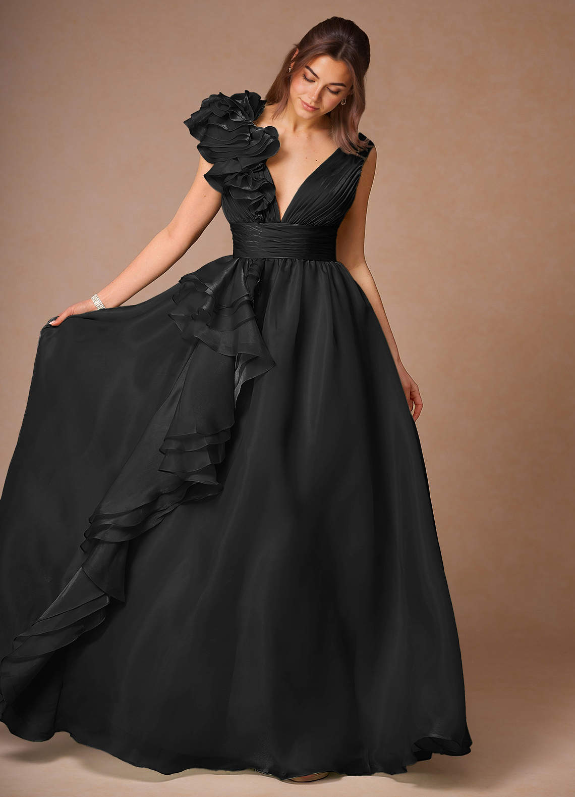 【Anyone more】Bowel Black Frill Long One Piece Long Sleeve Deep V Ruffle Bodysuit - Black – Carbon38