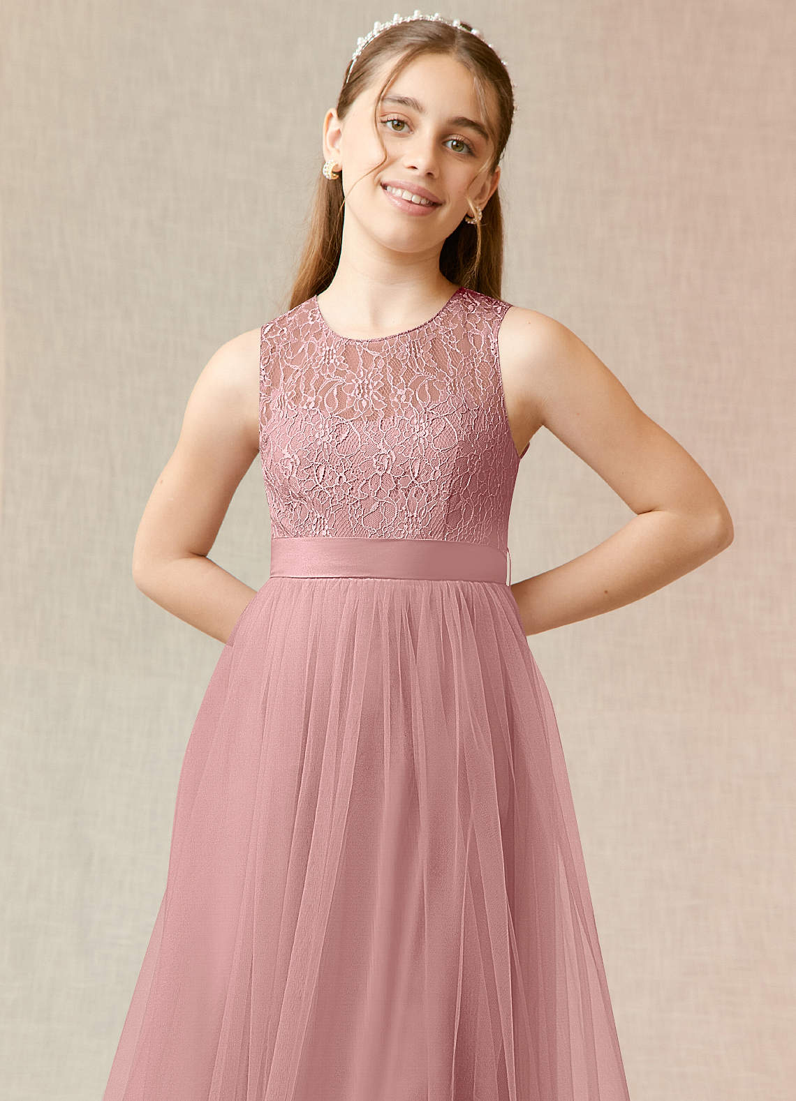 Azazie Georgette Junior A-Linie Spitze Tüll Kleid Altrosa image4