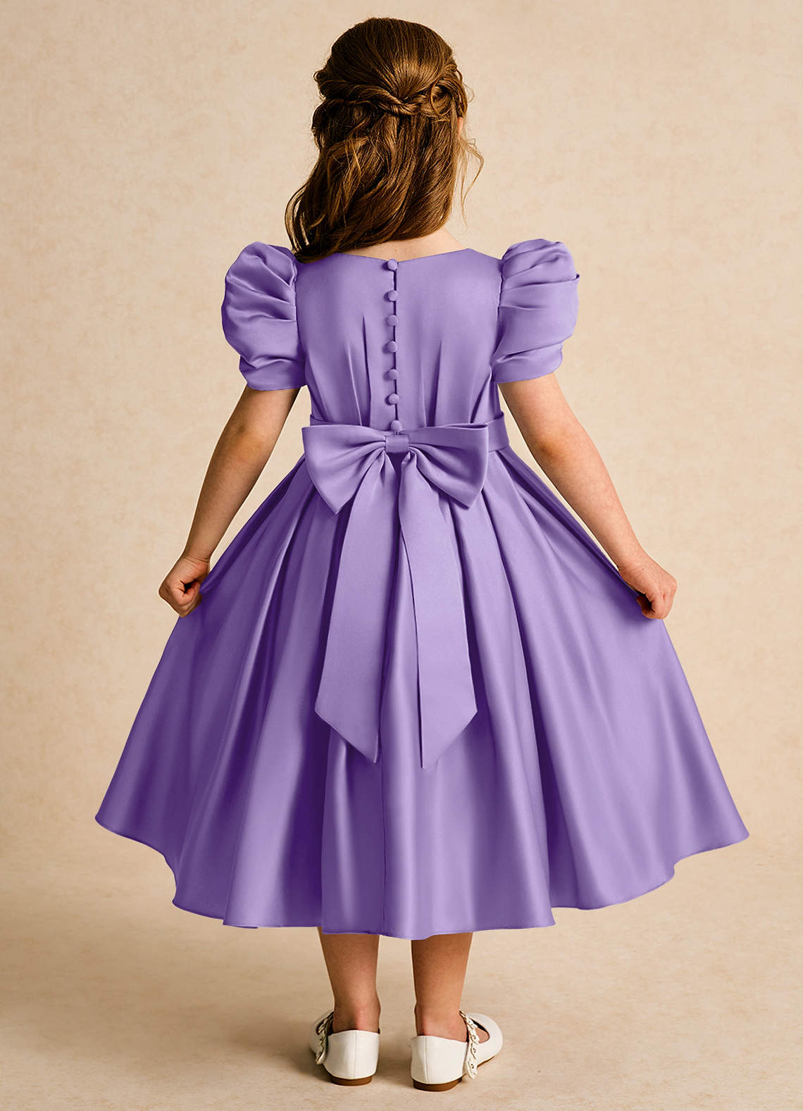 Azazie Miriam Flower Girl Dresses Tahiti Ball-Gown Pleated Matte Satin Dress image1